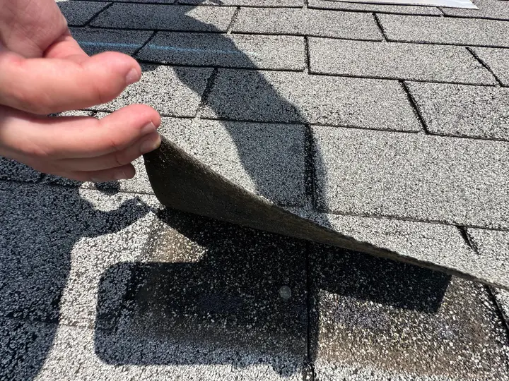 A hand lifting a shingle tab to show the material beneath